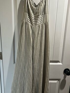 American Eagle Striped Wide-Leg Jumpsuit in Cream and Green